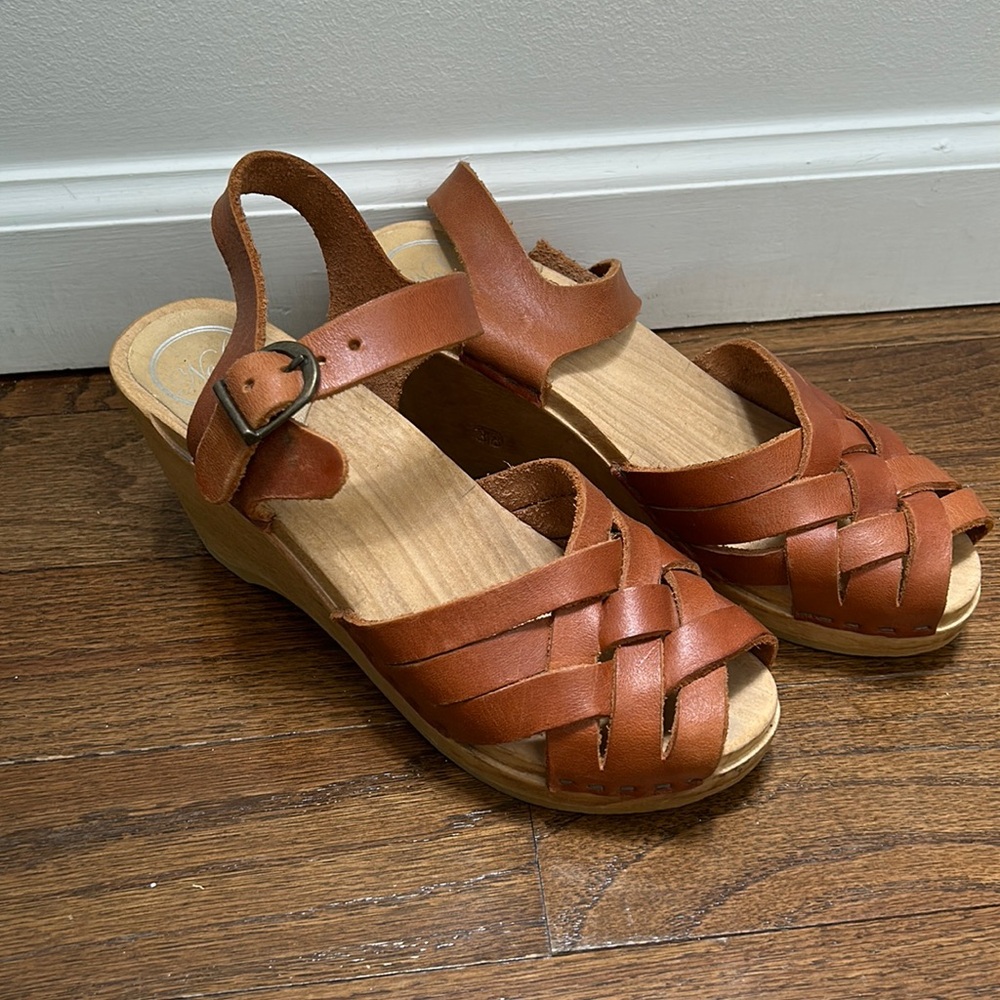 No. 6 brand Wood clog sandals with rubber base.